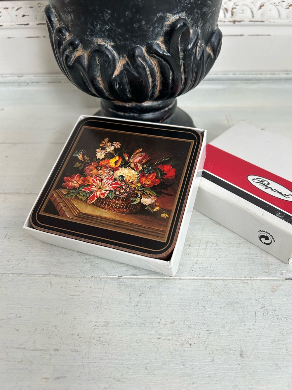 6 Pimpernel Floral Basket Coasters - Brown, Red & Gold Accents